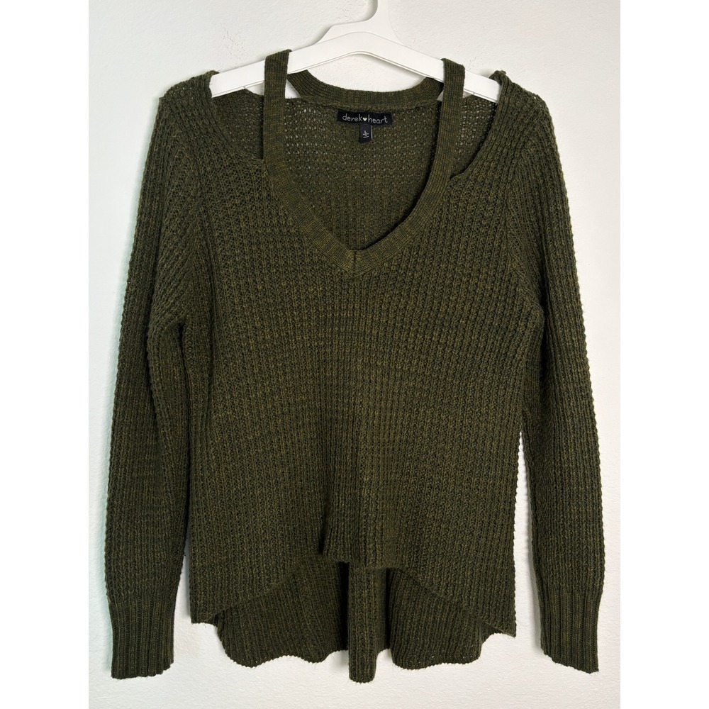 Derek Heart Olive Green‎ Waffle Knit Cold Shoulder Choker Sweater Large
